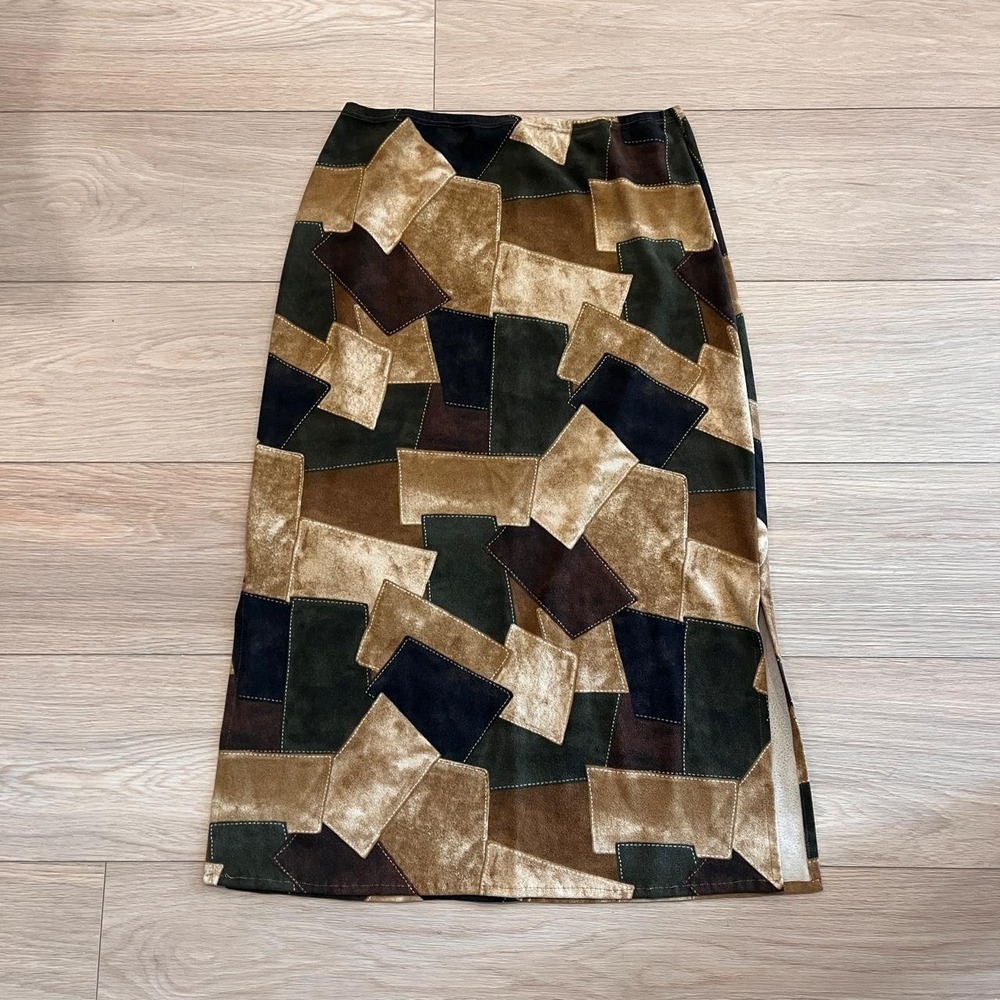 Mariposa Geometric Patchwork Pattern Velvet Midi Skirt Side Slit Women S Y2K